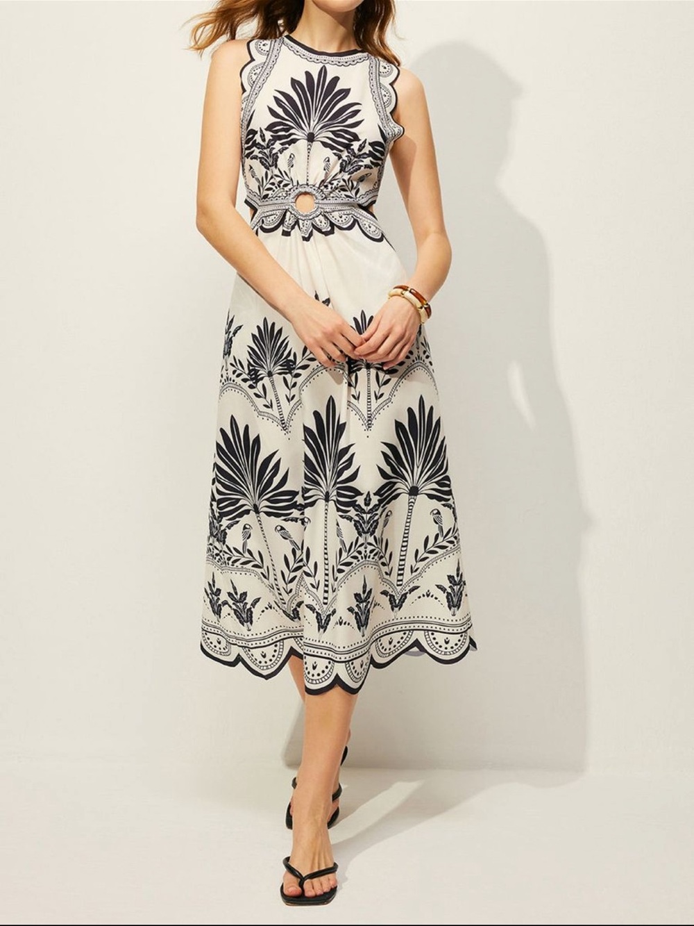 Commense Ivory and Black Cutout Botanical Midi Dress